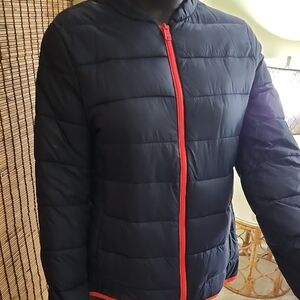 Black Puffer Jacket with Red Accents